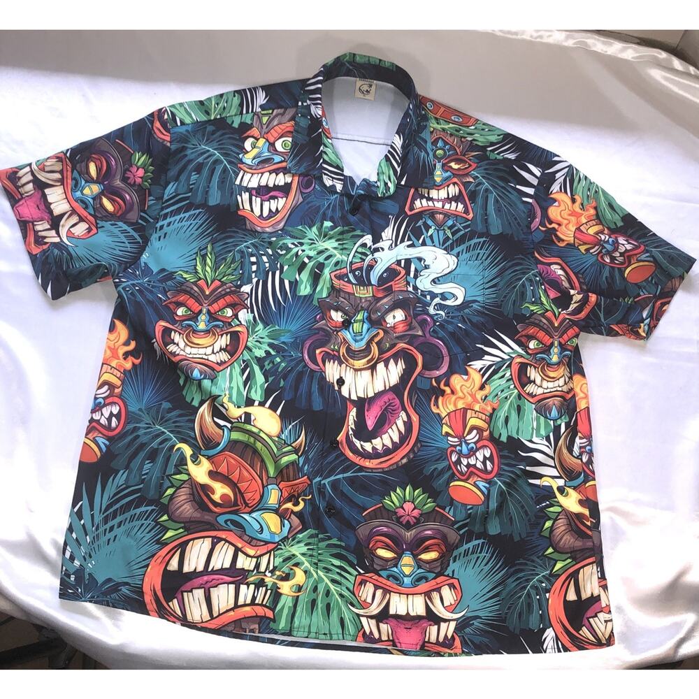 Hardaddy Button Shirt Tropical Hawaii Island Tiki Native Face Mask Mens Sz XL